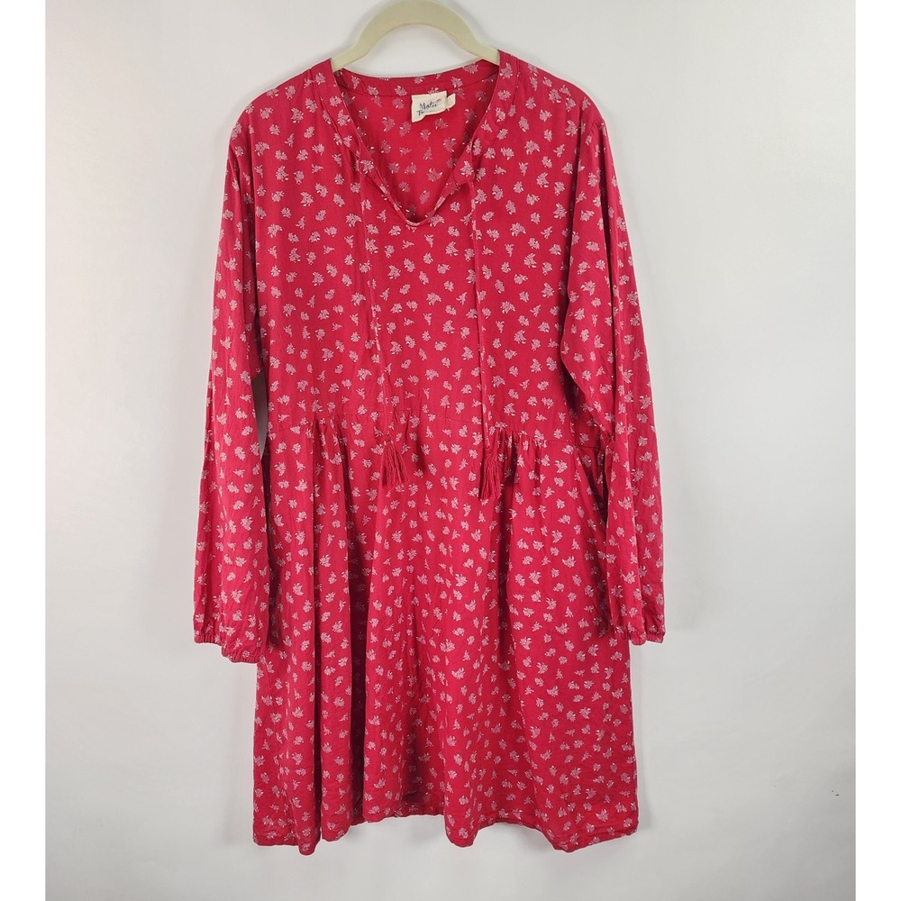 Mata Traders Long Sleeve Tunic Dress Women's L Red Floral Prairie Chic Tassel